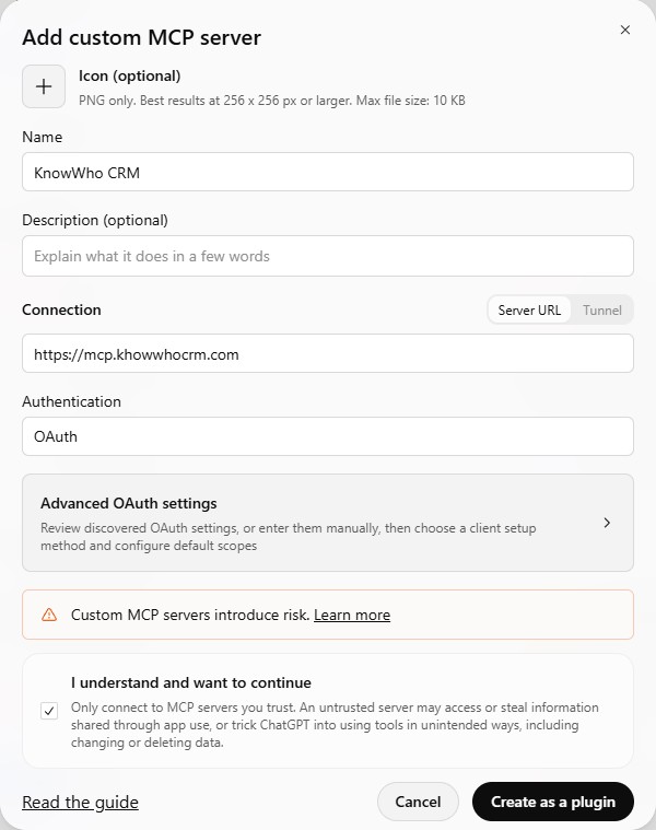 ChatGPT's Add custom MCP server dialogue with the name KnowWho CRM, a server URL, Authentication set to OAuth, and the I understand and want to continue box ticked.