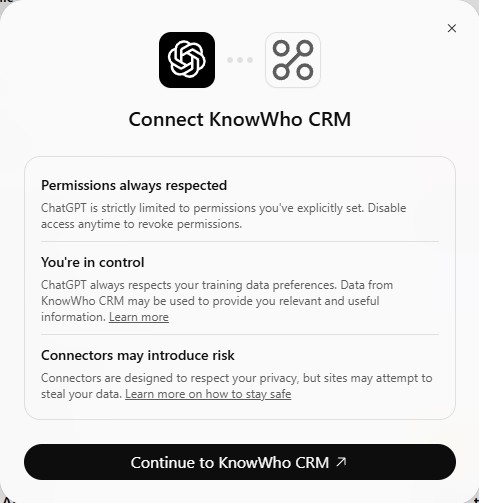 ChatGPT's Connect KnowWho CRM screen explaining permissions, with a Continue to KnowWho CRM button.