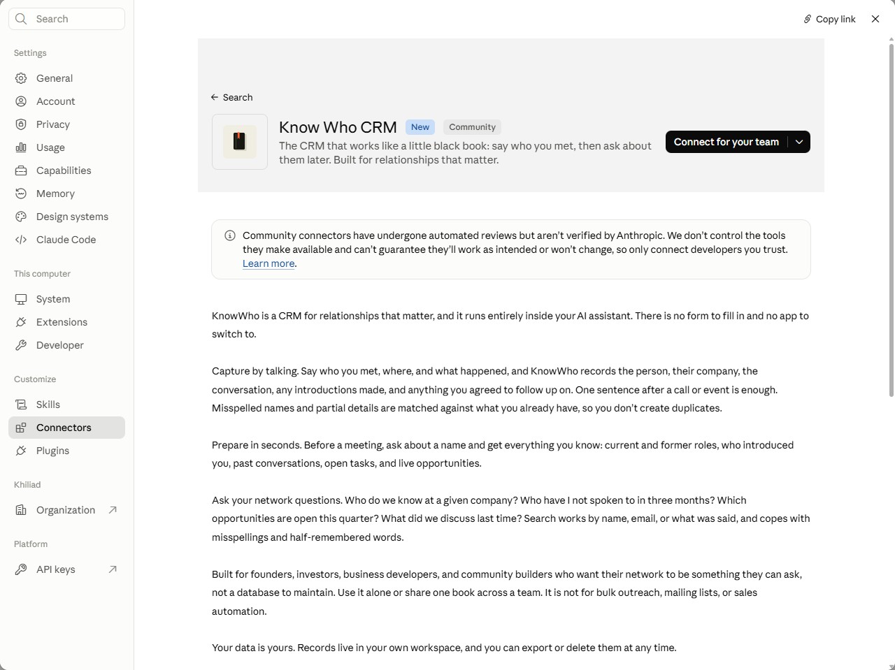 The Know Who CRM listing in Claude's connector directory, marked New and Community, with a Connect for your team button and the connector's description.