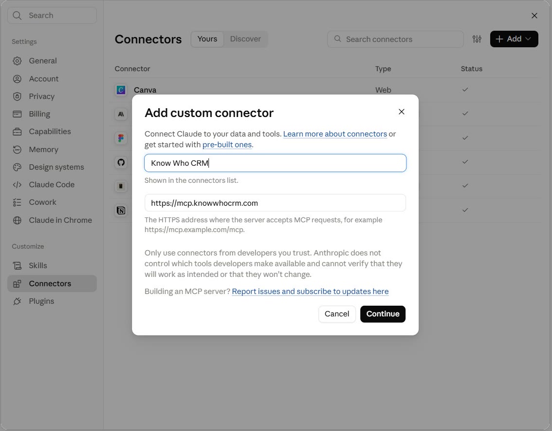 Claude's Connectors settings with the Add custom connector dialogue open, the name Know Who CRM and the address https://mcp.knowwhocrm.com filled in.