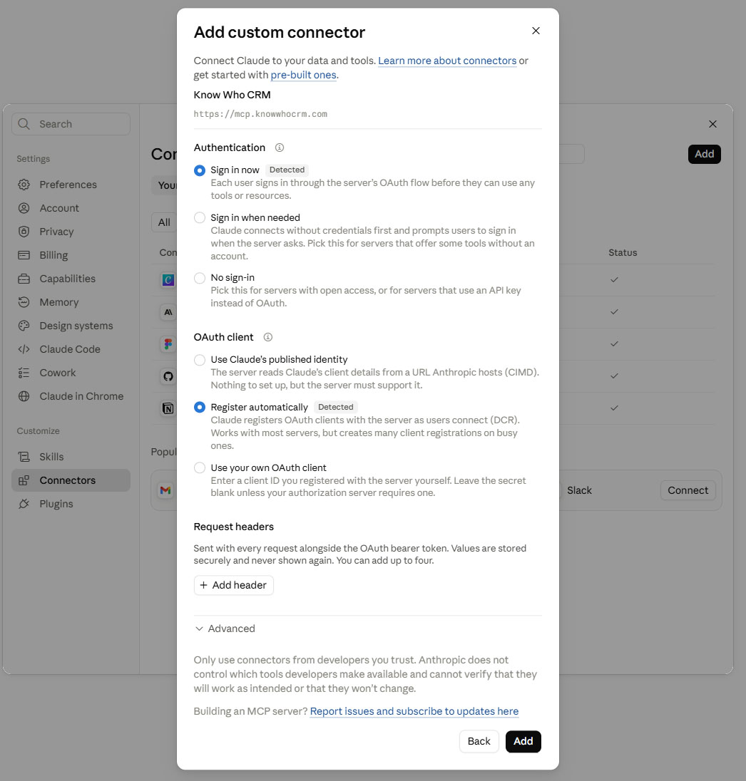 The second page of the dialogue: Authentication set to Sign in now and OAuth client set to Register automatically, both marked Detected, with no headers to add.
