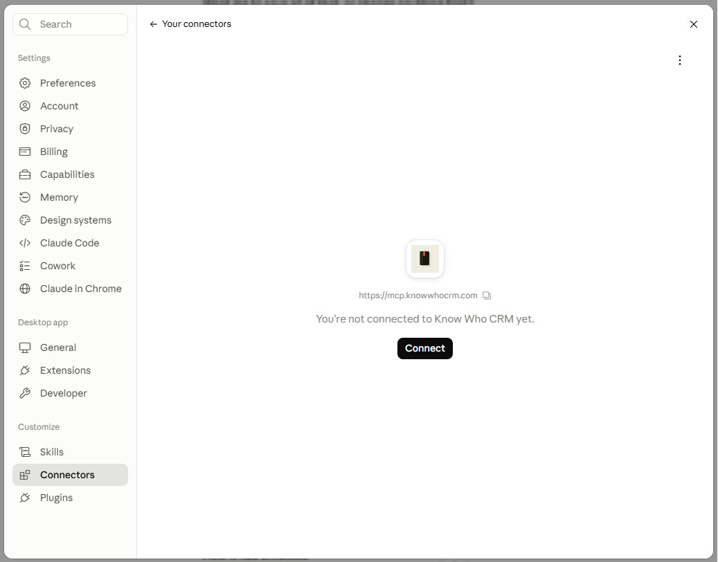 The Know Who CRM connector page in Claude's settings saying you're not connected yet, with a Connect button.