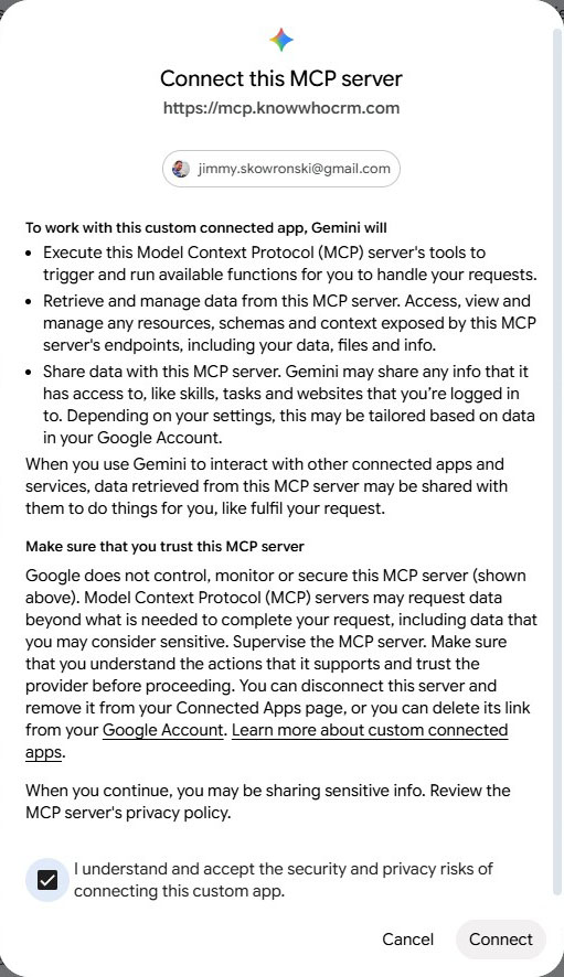 Gemini's Connect this MCP server screen for https://mcp.knowwhocrm.com, explaining what Gemini will do, with the acceptance box ticked and a Connect button.