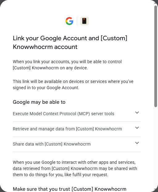 Google's Link your Google Account and Knowwhocrm account screen, listing what Google may be able to do.